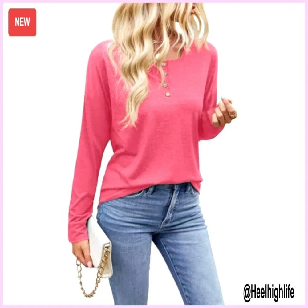 Long Sleeve Henley T-Shirt Loose Fit Stretch Fabric Casual Top